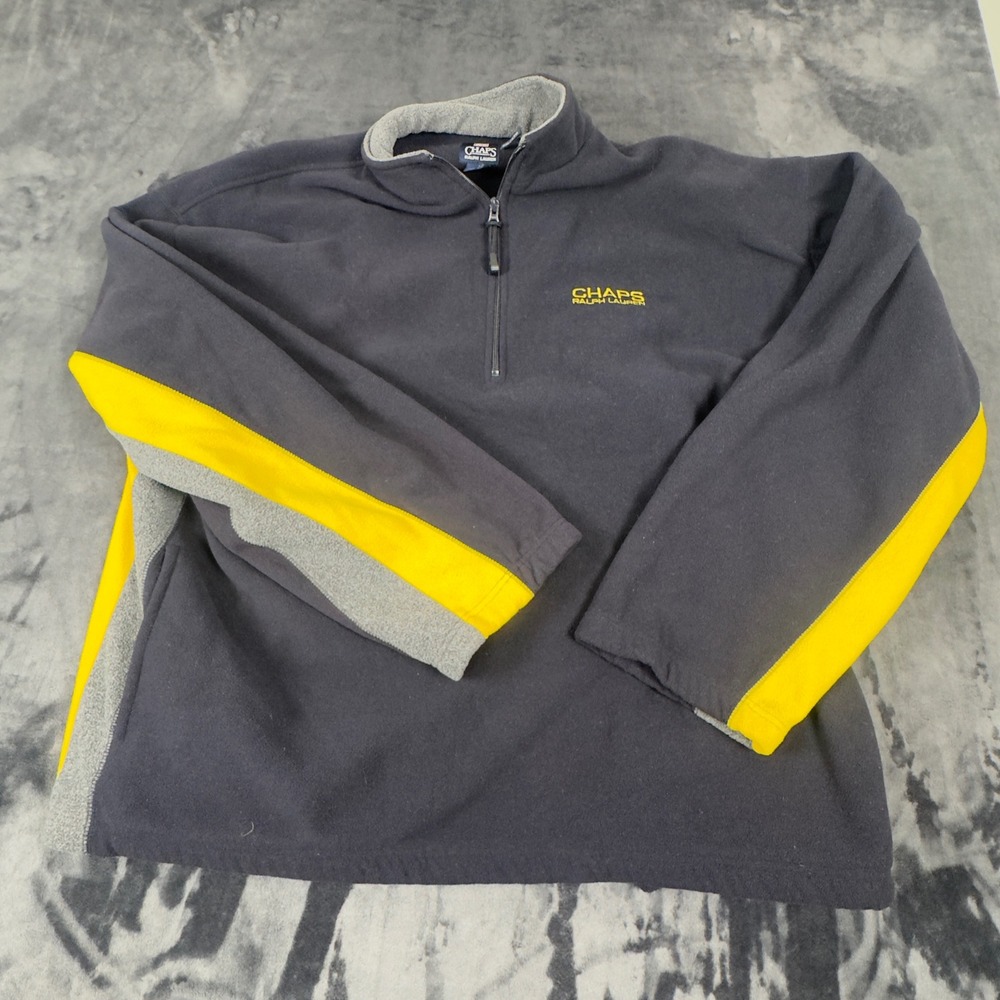 Chaps Ralph Lauren Fleece Pullover Mens XXL Navy Blue Yellow Grey 1/4 Zip Stripe